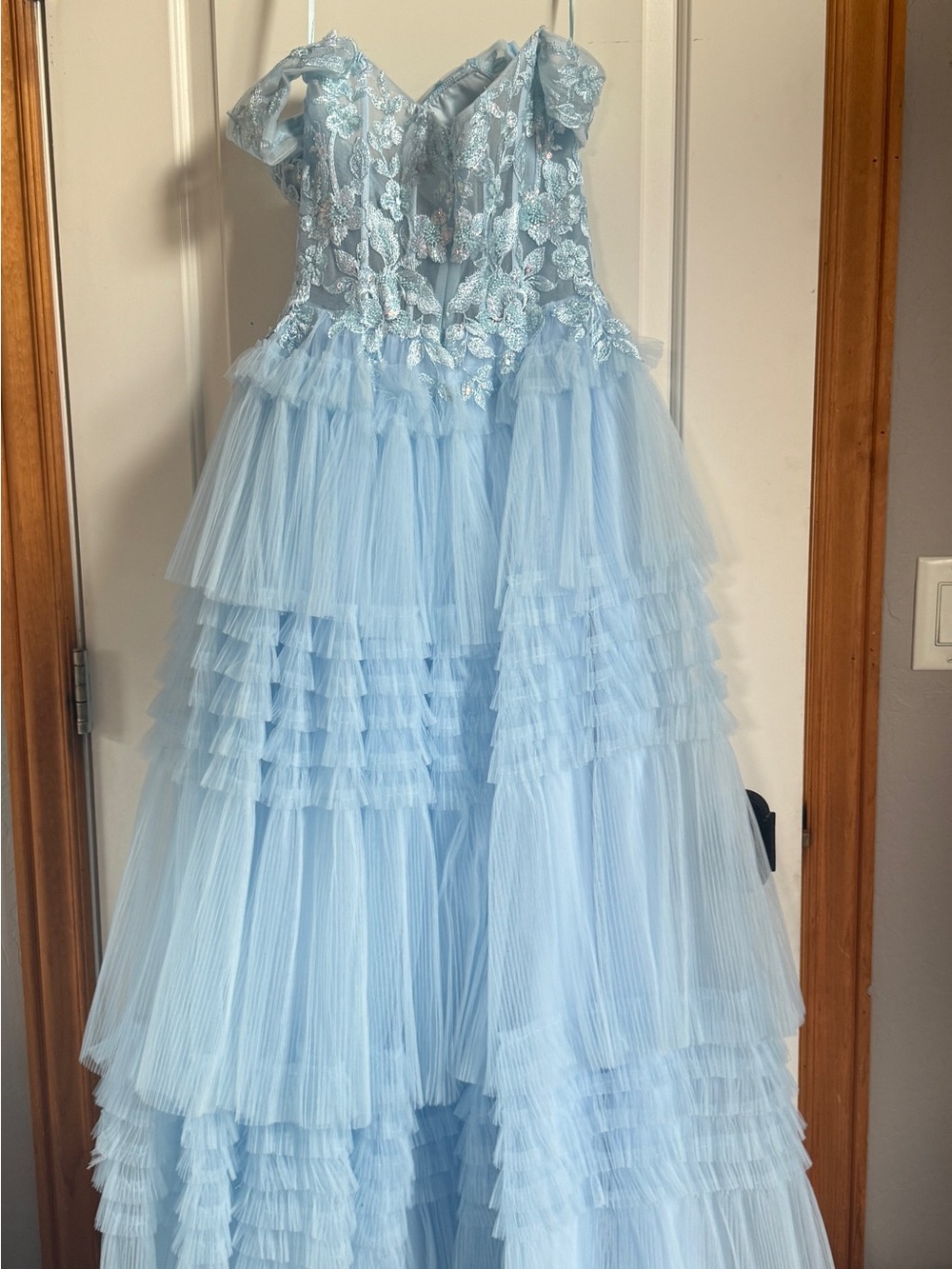Girls' Light Blue Tulle Lace Formal Dress with Floral Appliqué